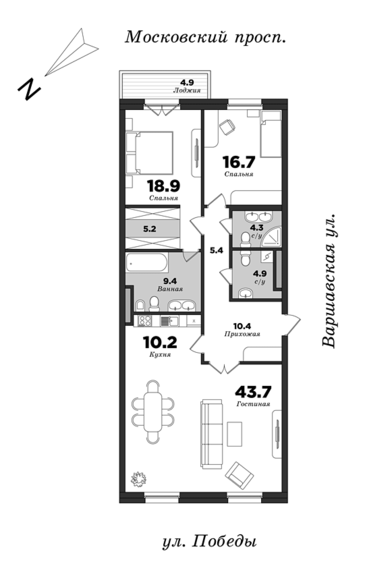 Pobedy 5, 2 bedrooms, 129 m² | planning of elite apartments in St. Petersburg | М16